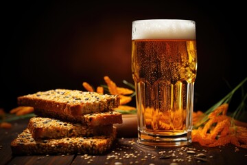 Rustic Beer Delight: Delight in the rustic charm of beer enjoyment, featuring a glass of amber goodness and a delectable snack on a wooden background, evoking the coziness of a pub - obrazy, fototapety, plakaty
