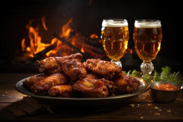 Wing Wonderland: Immerse yourself in a wing wonderland with grilled chicken wings and a frosty beer, a gastronomic adventure against a rustic wooden background