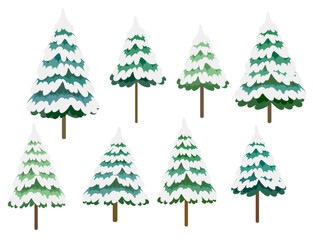 Snow covered pine tree set. Winter vector illustration.