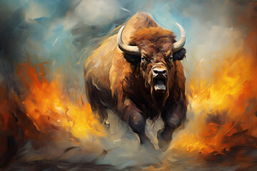 Big angry bison. Oil painting in impressionism style. - obrazy, fototapety, plakaty