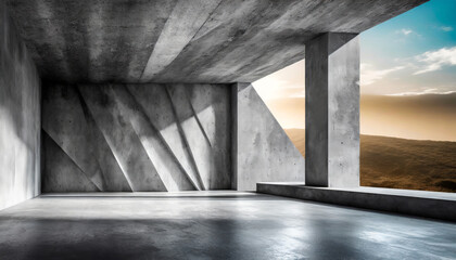a concrete room with abstract interior design against an architectural background - obrazy, fototapety, plakaty