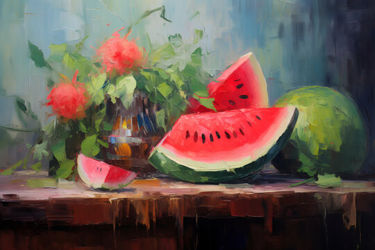 Still life with delicious ripe watermelons. Oil painting in impressionism style.