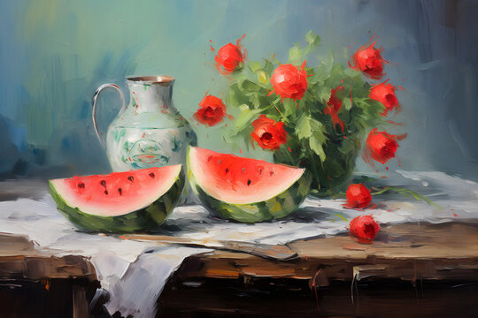 Still life with delicious ripe watermelons. Oil painting in impressionism style.