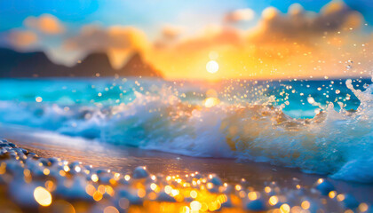 sea wave splash sunset blurred bokeh background ocean water surf ripple texture sunrise soft focus...