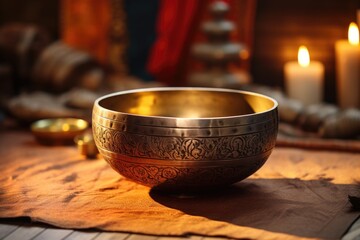 Melodic Harmony Vessel: Immerse in the melodic embrace of an Indian singing bowl, a vessel of harmonic resonance that soothes and heals - obrazy, fototapety, plakaty