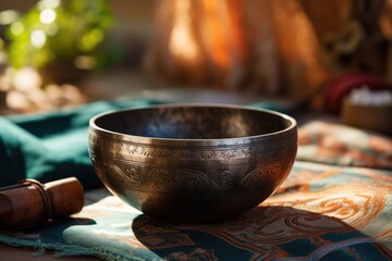 Therapeutic Sound Cascade: Cascade into therapeutic serenity with the melodic sounds of the Indian singing bowl, promoting relaxation and healing vibes - obrazy, fototapety, plakaty