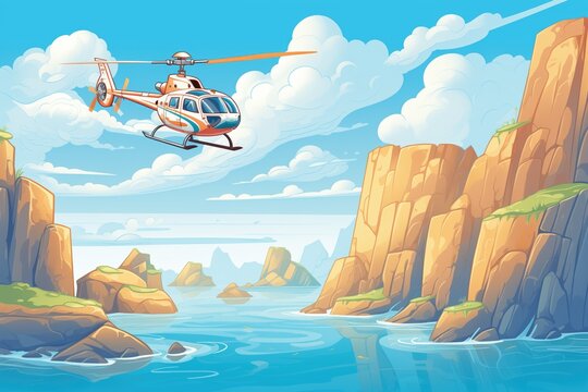 a helicopter flying near rocky cliffs and coastline