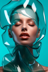 Beauty model with a serene expression, glossy skin, and abstract translucent elements, against a light blue backdrop.