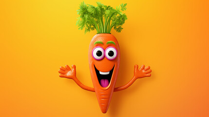 Cartoon character of cheerful carrot with green fresh parsley on his head on orange background....