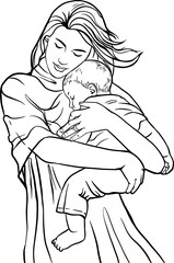 Cute mother and son line art coloring page about mothers day vector illustration