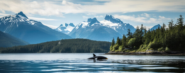 Whale Watching in Alaska region. Humpback watching whales. - obrazy, fototapety, plakaty
