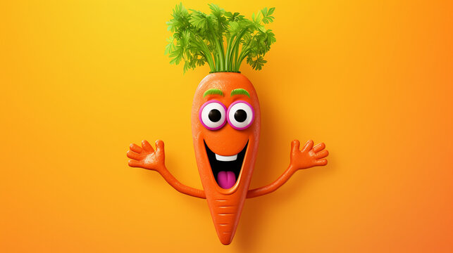 Cartoon character of cheerful carrot with green fresh parsley on his head on orange background. Funny 3D carrot on an orange background.