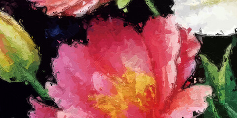 Oil painting and various flowers, roses, peonies, beautiful wedding illustrations