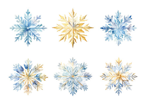 Blue and gold snowflakes on transparent background
