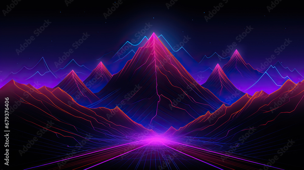 Poster neon tecnology run mountain line background abstract background with glowing lines