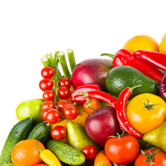 Set of vegetables and fruits isolated on a white . Free space for text.