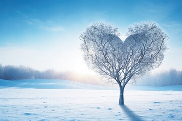 Heart shape tree, snow white scene, hello winter. Beautiful landscape with heart shaped tree.