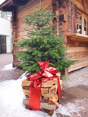 A bundle of firewood in the form of a gift is under the Christmas tree. Vertically.