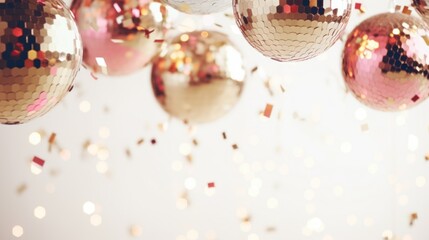 Glam New Years Eve or birthday party celebration background with golden balloons, disco balls, confetti. Festive wide web banner with disco balls, copy space