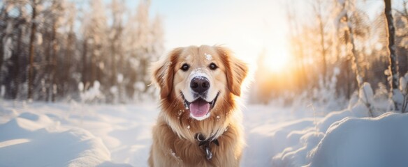 Happy golden retriever dog on winter snow nature background with sun, wide web banner. Winter activities for dogs. Cold season Care Advice For Dogs. Preparing dog for walks in winter.