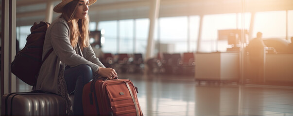 Young woman with modern suitcase on airport. copy space for text.