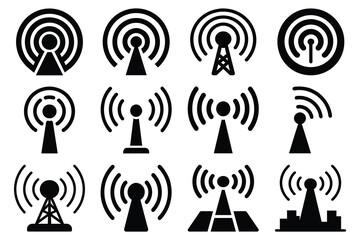 Wireless and network icon, connection, wifi signal, internet, phone, radio, computer, communication, antenna, vector illustration isolated