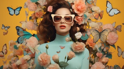 Beautiful woman with voluminous hair with butterflies and flowers, wearing bold red sunglasses. Concept of beauty, nature, fashion, spring, and transformation in a surreal composition.