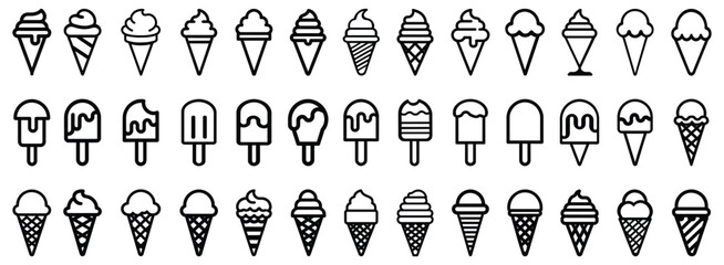 Set of ice cream icons, outline, popsicle sticks and cones, vector illustration isolated on white background