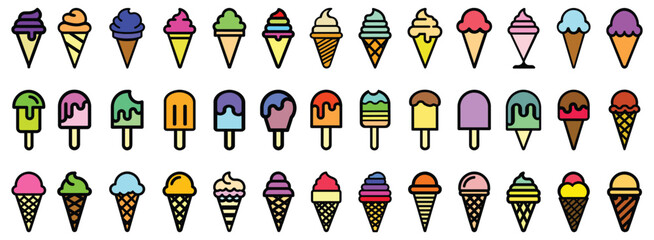 Set of various multicolored ice cream icons, popsicle sticks and cones, vector illustration isolated on white background