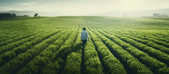 Farmer inspects vegetable growth walking through the field. - obrazy, fototapety, plakaty