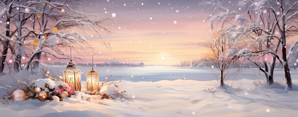 ilustración de bosque nevado al atardecer con dos faroles encendidos y bolas de navidad - obrazy, fototapety, plakaty