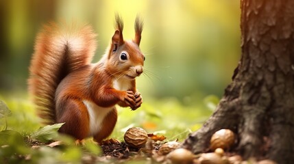 The red squirrel animal eating acorn on nature blur background - obrazy, fototapety, plakaty