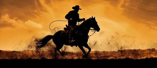 Silhouette cowboy riding horse on sunset background. AI generated image