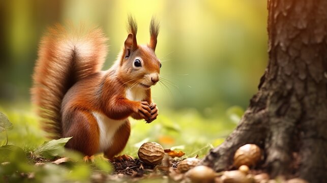 The red squirrel animal eating acorn on nature blur background