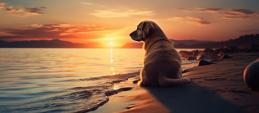 Dog sit at sand of beach enjoy during sunset. AI generated image