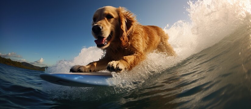 Close up of happy Dog surfing on blue wave. AI generated image