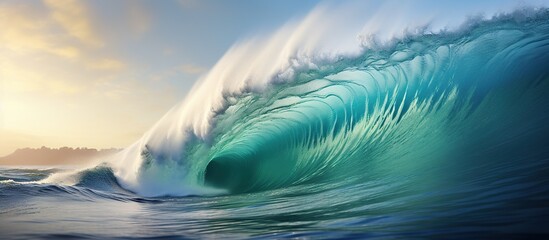 Beautiful sea waves for surfing with foam of blue and turquoise color with clear sky.