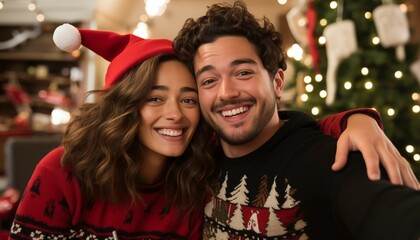 Young smiling couple wearing Christmas sweaters.