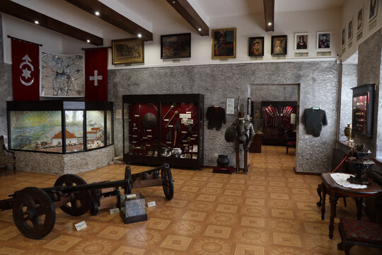 RIVNE, UKRAINE - SEPTEMBER 16, 2023 The museum of Ukraine history on territory of castle Ostrozkyi in Dubno, Rivne region