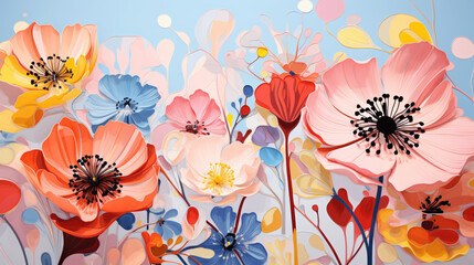 Artistic Collage, Pastel Blooms and Abstract Forms, Cheerful Pattern