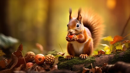 The red squirrel animal eating acorn on nature blur background