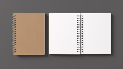 Notebook mockup. Closed and open blank notebook with craft paper cover. Spiral notepad on gray...