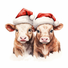 Two babies cow friends in Red Santa Hat isolated on white background