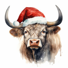 Cow in Red Santa Hat isolated on white background