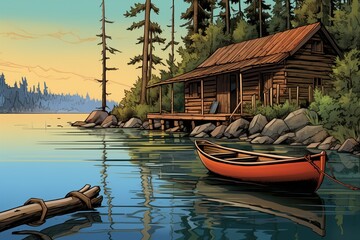 rowboat to a dock by a secluded log cabin, magazine style illustration