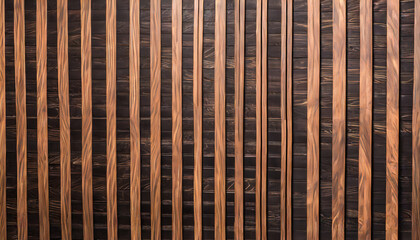 a wooden lamella wall in the color of burnt wood with a pattern of wall panels in the background