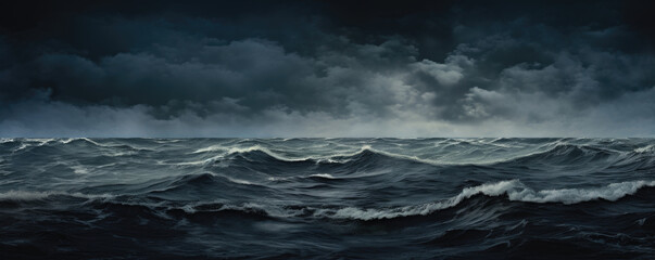 Blue ocean panorama with sun reflection, black blue sky, sea haunted cloud, scary ocean, depression background