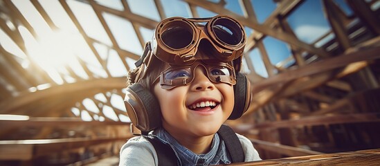 Happy child pilot riding plane toy wear helmet with googles glasses - obrazy, fototapety, plakaty