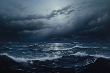 Blue ocean panorama with sun reflection, black blue sky, sea haunted cloud, scary ocean, depression background - 679379293