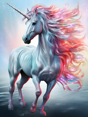 Unicorn. A fabulous white horse with a multicolored mane and tail. A mythical creature. Colorful illustration in light blue and pink tones.